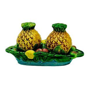 Vintage Pineapple Salt Pepper Shakers Matching Tray Tiki Bar Japan 2 inch Cork